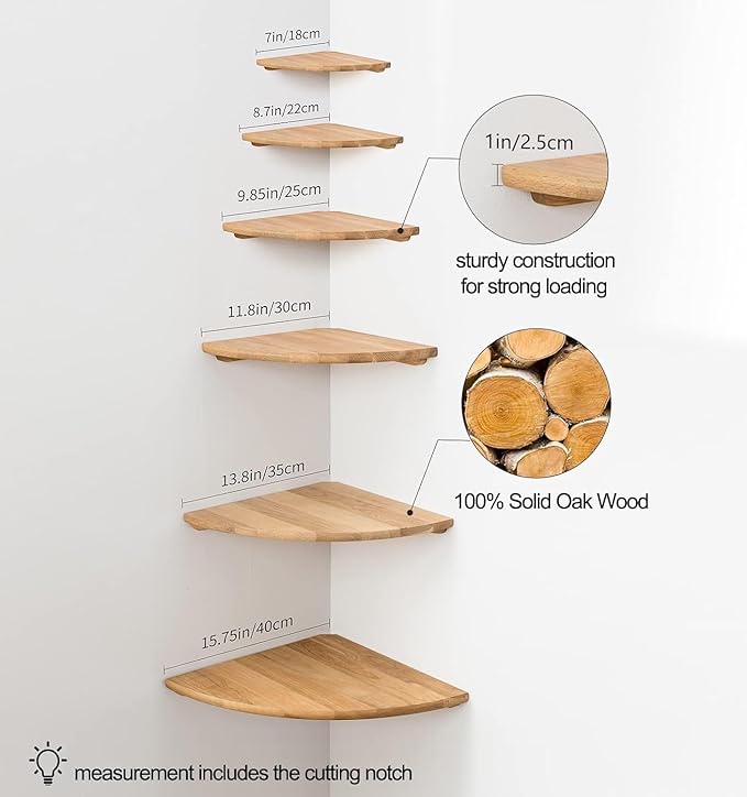 Corner Shelf, Solid Oak Wood Floating Corner Shelves Wall Mount Round End with Wire Hole for Small Plant Photo Frame for Bedroom Kitchen, Living Room-Ruum Studio Home