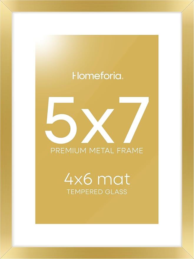 Homeforia 5x7 Picture Frame Gold, High End Metal 5 x 7 Gold Frames with Mat 4 x 6 for Print, 5by7 Desk Frame Matted to 4x6 inch Photo, 5 by 7 Wall or Tabletop Frame, Tempered Glass, Wall Kit, Set of 1-Ruum Studio Home