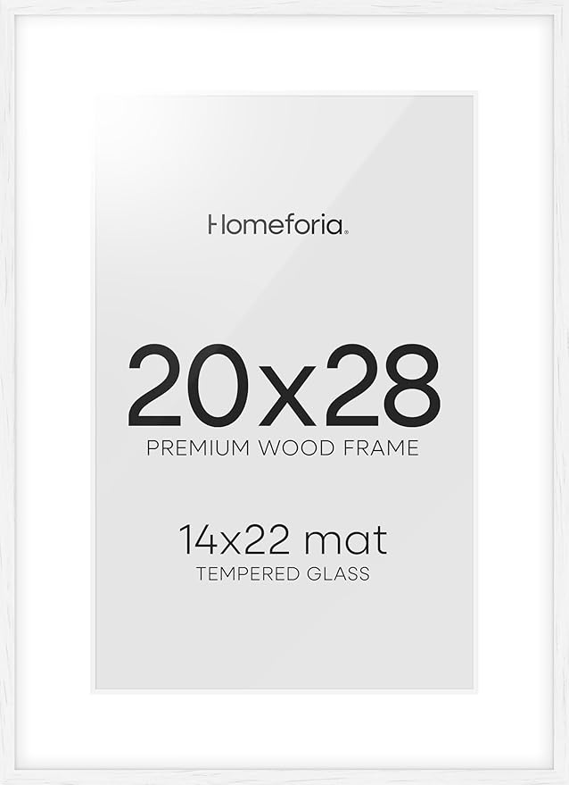 Homeforia 20x28 Picture Frame White, High End Oak 20 x 28 White Wood Poster Frames with Mat 14 by 22 Photo, 20x28 Wooden Frame Matted to 14x22, 28x20 Hanging Frames, Tempered Glass, Wall Kit, Set of 1-Ruum Studio Home