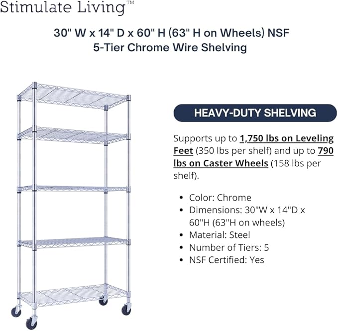 30"x14"x60" PRIME HEAVY DUTY Chrome 5-Tier Wire Shelving 1,750 LBS MAX Capacity Storage Rack for Commercial, School, Home, Garage, Warehouse, Industrial, and Hospital Uses (with Wheels)-Ruum Studio Home