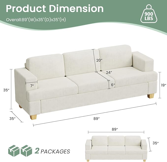 Sofa, 89" 3-Seater Deep Seat Sofa, Modern Comfy Couches for Living Room Apartment Lounge, Beige Chenille-Ruum Studio Home