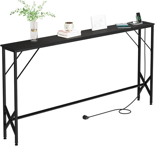63'' Console Table, Skinny Entryway Table with Fast-Charging Station, Narrow Long Sofa Table, Behind Slim Couch Table for Entrance, Hallway, Living Room Decor ST-BK160-1-Ruum Studio Home