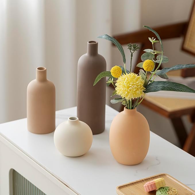 Modern Ceramic Vase Set, Neutral Colors, Decorative Vases for Home Shelf Decor, 4 Piece Collection (Coffee Mix Set 4)-Ruum Studio Home