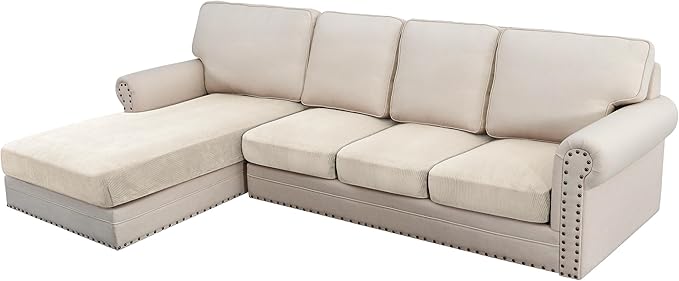 H.VERSAILTEX Velvet Stretch Sectional Couch Covers - 4 Piece Set, L Shape, Ivory Striped (Large Sofa 3 Seater + 1 Chaise)-Ruum Studio Home