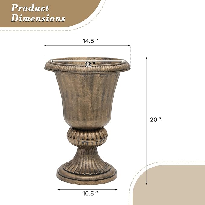 Athena Collection 20''H Garden Plastic Urn Vintage Tall Planter Urn Patio Large Flower Pot Porch Planter Large Planter for Indoor Outdoor Plant, Bronze-Ruum Studio Home