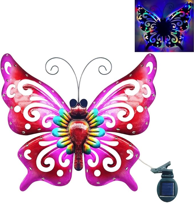 Solar Garden Light, Metal Butterfly Wall Art, 19" Large Hanging Decor for Garden Patio Fences Porch Yard Art Outdoor Wall Decor, Weatherproof Decorative Lighting, Housewarming Wedding Birthday Gift-Ruum Studio Home