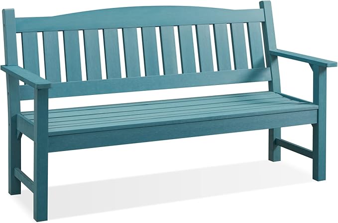 Psilvam 3-Person Outdoor Memorial Bench, All-Weather Poly Lumber Garden Bench, Rot-Resistant Outdoor Patio Bench for Park,Porch,and Church(Blue)-Ruum Studio Home