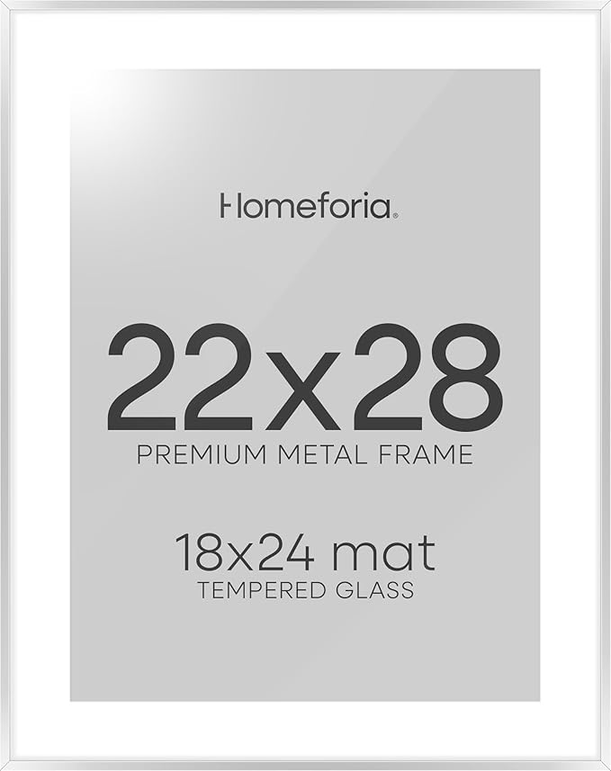 Homeforia Silver 22x28 Picture Frame, Rectangular Metal Poster Frame with Mat, 22 x 28 Frame Matted to 18 x 24 Photo, Wall Mount, Minimalist Style, Tempered Glass, Wall Hook Included-Ruum Studio Home