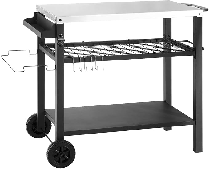 Dining Cart Table with Three Shelf, Movable Outdoor BBQ Grill Table Pizza Oven Stand with Three Hooks, Kitchen Cart Island Multifunctional Food Prep Table for Inside and Outside (Sliver)-Ruum Studio Home