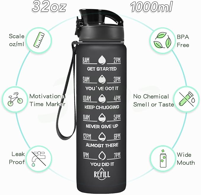 Enerbone Water Bottle, Leakproof BPA & Toxic Free, Motivational Water Bottle with Times to Drink and Straw, Fitness Sports Water Bottle with Strap for Office, Gym, Outdoor Sports-Ruum Studio Home