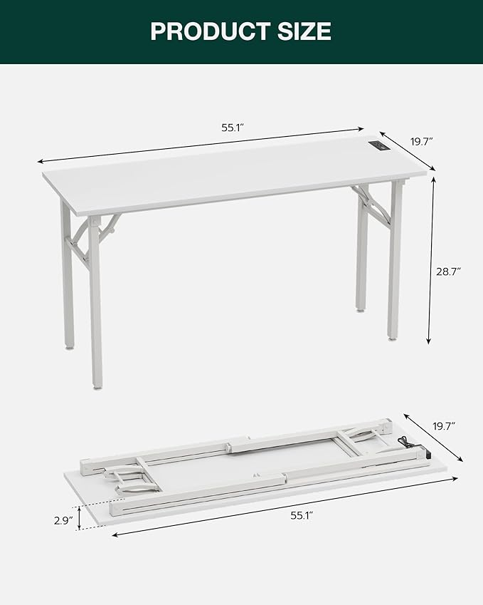 Frylr Small Folding Computer Desk – 55.1 Inch Portable Table for Craft and Study, Lightweight Desk for Small Spaces, Foldable Laptop Table Built-in AC/USB Outlets for Convenience, White-Ruum Studio Home