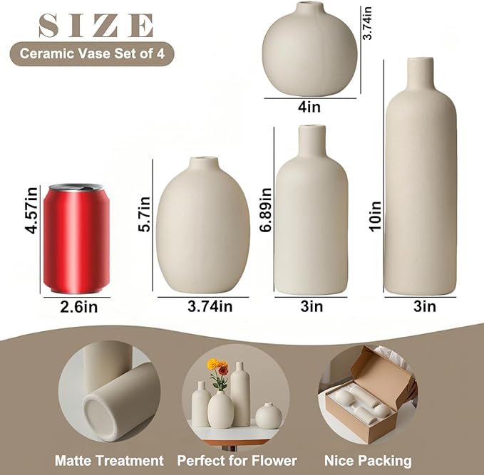 Modern Ceramic Vase Set, Neutral Colors, Decorative Vases for Home Decor, 4 Piece Collection (Beige)-Ruum Studio Home
