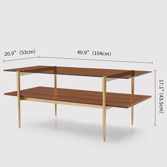 Rectangle Coffee Table, Mid-Century Modern Design, L41 W21 x H17, for Living Room, 2-Tier Structure, Amber Glass Top and Walnut MDF Shelf, Sleek Conical Metal Legs with Gold Finish-Ruum Studio Home