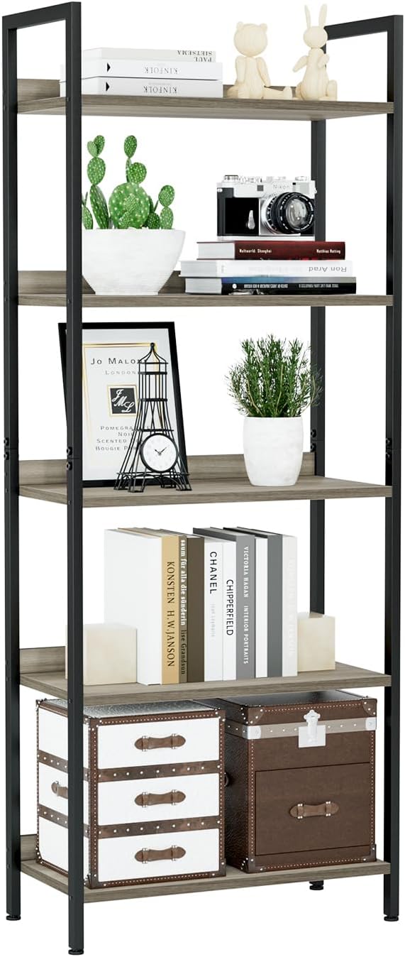 NUMENN Bookshelf, 5 Tier Bookshelves, Home Office Bookcase Shelf Storage Organizer, Free Standing Storage Shelving Unit for Bedroom, Living Room and Home Office, Grey-Ruum Studio Home