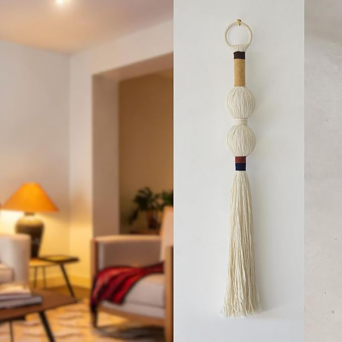 Macrame Wall Hanging Boho Decor Yarn Wall Art Small Sphericity Cotton Textile Tassel Hanging Fiber Art for Living Room Bedroom 27'' L x 2.3'' W-Ruum Studio Home