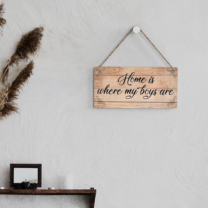 SENJIAN Rustic Family Quote Wood Decor Sign, Home is Where My Boys are Printed Wood Sign Wall Art, Hanging Door Sign, Decorative Wood Sign Home Decor 6" x 12"-Ruum Studio Home