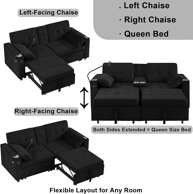 70" Queen Size Sofa Bed for Living Room – Pull-Out Sleeper Sofa Couch with Cup Holder, Phone Holder, USB Charging Port, Solid Wood Frame, Easy Assembly, Space-Saving Design for Small Apartments-Ruum Studio Home