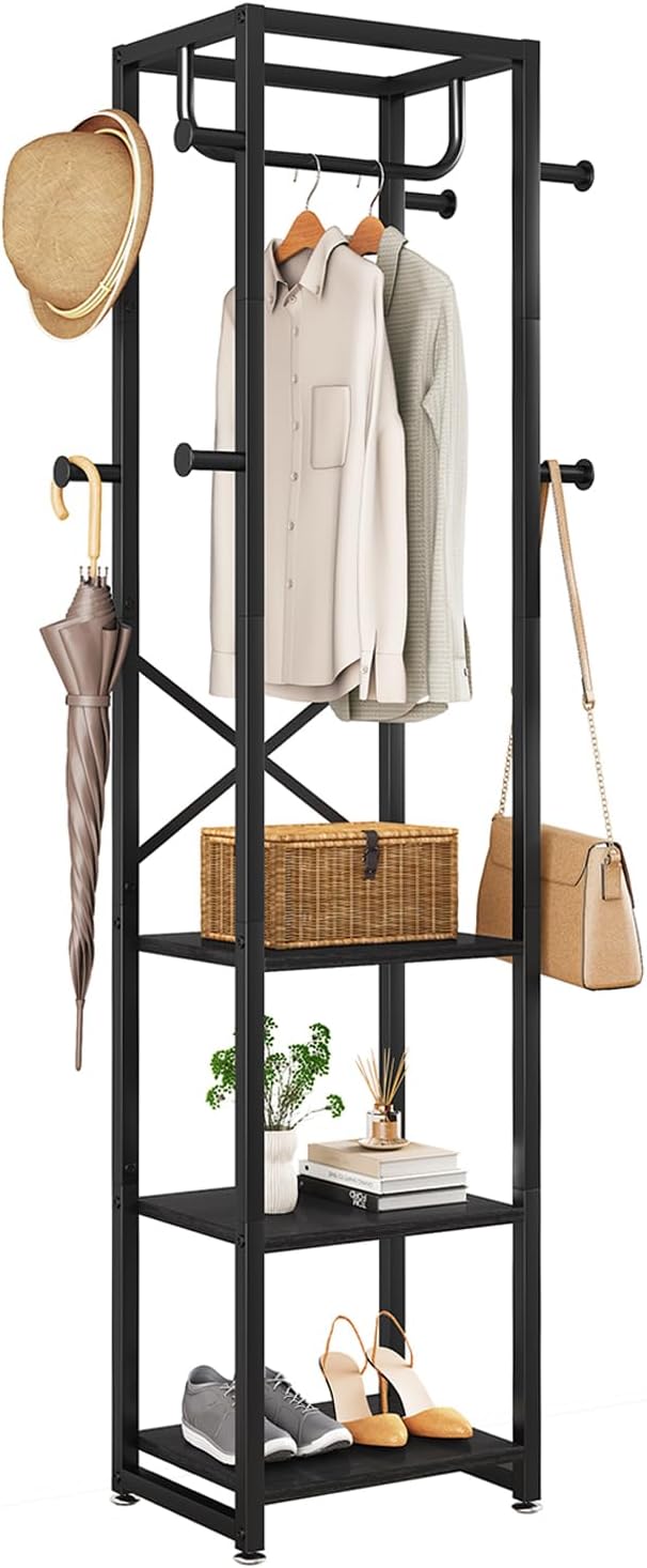 IBUYKE Coat Rack with Shelves, Freestanding Hall Tree with 3 Shelves and 8 Hooks, Industrial Clothes Stand for Entryway, Hallway, Bedroom, Black UTMJ088B-Ruum Studio Home