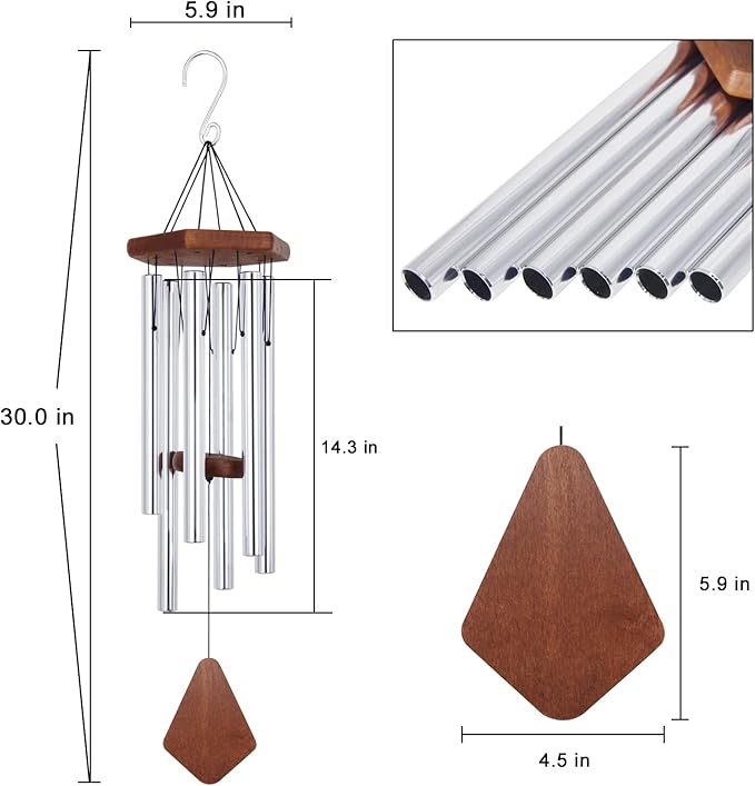 ASTARIN Memorial Wind Chimes for Outside, 30'' Deep Tone, Sympathy Wind-Chime Personalized with 6 Tuned Tubes, Elegant Chime for Garden Patio Balcony and Home Silver-Ruum Studio Home