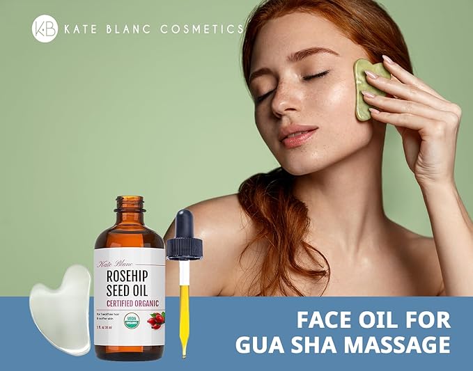 Kate Blanc Cosmetics Rosehip Oil for Face with Stainless Gua Sha (1oz, Organic, Pure, Cold Pressed) Rosehip Seed Face Oil for Gua Sha Massage-Ruum Studio Home