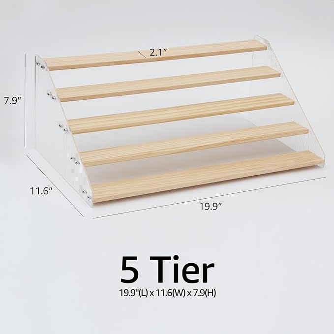 nianfeng Tiered Spice Rack, 5-Tier Spice Pantry Kitchen Cabinet Organizer, 19.9-Inch, Natural Wood Acrylic Stair Riser Stand, Countertop Seasoning Shelf-Ruum Studio Home