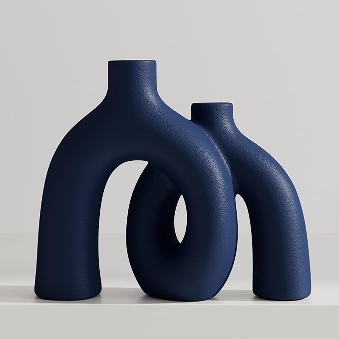 Matte Blue Vase Set - Hug Hollow Donut Aesthetic Ceramic Vases Home Decor, Navy Blue Decor Modern Coastal Decorative Vase for Table Centerpiece Bookshelf Office Entryway Console Fireplace (Navy Blue)-Ruum Studio Home