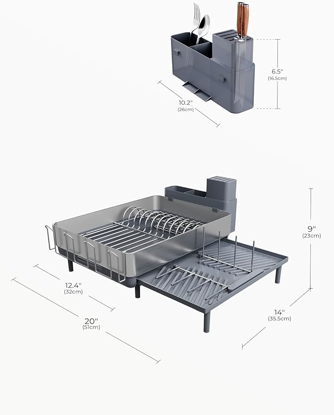 SUNLY Large Dish Drying Rack, Expandable Dish Racks for Kitchen Counter, Space Saving 304 Stainless Steel Drying Rack Kitchen, Extra Large Drainer with Multifunctional Flip Up Pegs, Gray-Ruum Studio Home