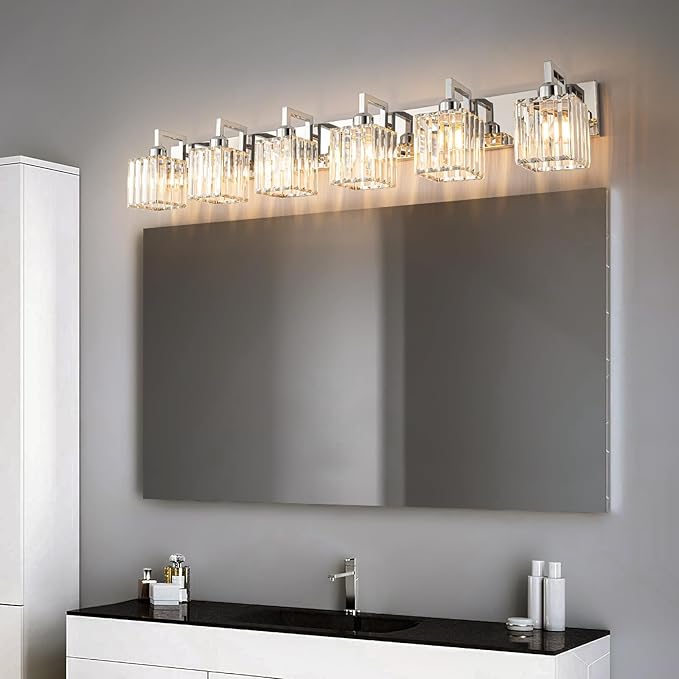 Modern Bathroom Vanity Light 6-Lights Chrome Crystal Wall Lamp Bathroom Modern Crystal Vanity Lighting-Ruum Studio Home