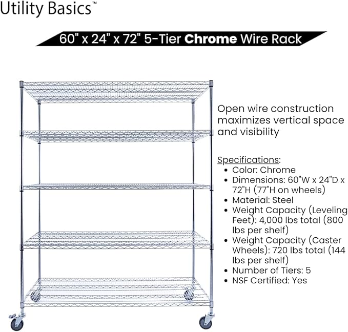 60"x24"x72" Chrome 5-Tier PREMIUM Wire Shelving NSF 4000 LBS MAX CAPACITY Heavy Duty Steel Storage Rack for Warehouses, Garages, Hospitals, Commercial Spaces, & Schools w/PREMIUM WHEELS-Ruum Studio Home