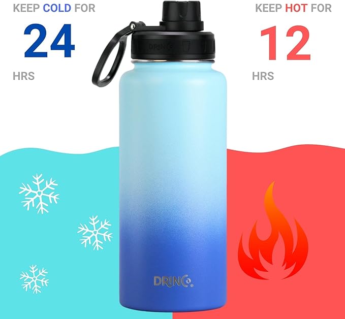 DRINCO Stainless Steel Water Bottle Spout Lid Vacuum Insulated Double Wall Water Bottle Wide Mouth (40oz 32oz 22oz 18oz 14oz) Leak Proof Keeps Cold or Hot (32 oz, 32oz Morning Sky Blue)-Ruum Studio Home
