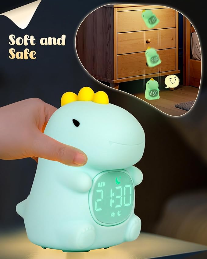 Dinosaus Alarm Clock for Kids with Night Light, Sleep Training Clock Time to Wake Clock, Rechargeable Silicone Light for Bedroom, Perfect Sleep Companion for Boys Girls-Ruum Studio Home