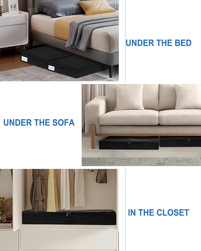 Under Bed Storage Containers, Low Profile Underbed Zipper Storage Bin 4.5 Inches Tall, Shallow Under Bed Storage with Sturdy Side & Bottom Support, Linen Storage with Lid for Sofa and Dorm, 4Pcs Black-Ruum Studio Home