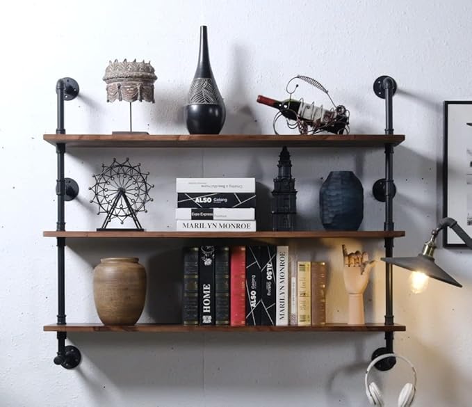Industrial Pipe Wall Shelves with Real Wood Plank ,36 Inches Floating Shelves for Wall Farmhouse Book Shelves Dark Brown 3 Tier for Kitchen,Living Room Decor and Bar Shelving-Ruum Studio Home