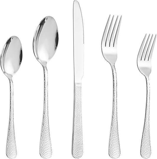 40 Pcs Silverware Set for 8 with Hammered Design, Food Grade Stainless Steel Flatware Set, Eating Utensils Sets Include Fork/Knife/Spoon, Reusable Cutlery Set, Dishwasher Safe-Ruum Studio Home