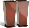 KOL 25''H. Galvanized Steel Planter with Saucer, Tall Glazed Planter Pots for Indoor & Outdoor Use, Set of 2, Decorative Flower Plant Pots with Drainage Hole for Porch, Patio, Deck - Reddish Brown-Ruum Studio Home