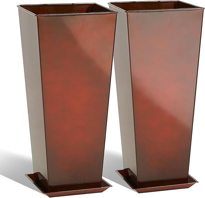 KOL 25''H. Galvanized Steel Planter with Saucer, Tall Glazed Planter Pots for Indoor & Outdoor Use, Set of 2, Decorative Flower Plant Pots with Drainage Hole for Porch, Patio, Deck - Reddish Brown-Ruum Studio Home