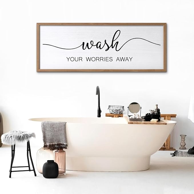 Wash Your Worries Away Wall Art Sign 32"×12" Laundry Room Large Wood Framed Restroom Toilet Wall Decor Hanging (Wood)-Ruum Studio Home
