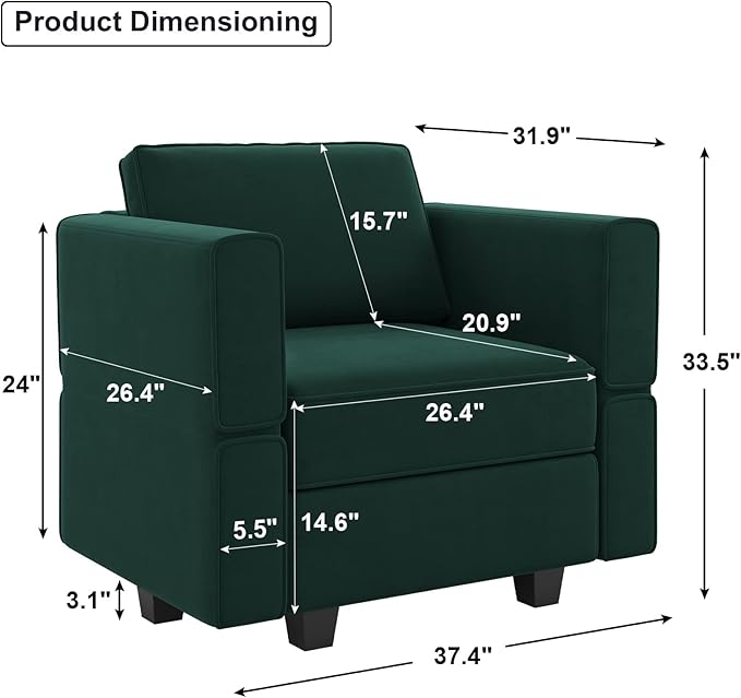 Belffin Velvet Modular Sectional Arm Chair Accent Chair with Storage Seat Single Club Chair for Apartment Green-Ruum Studio Home