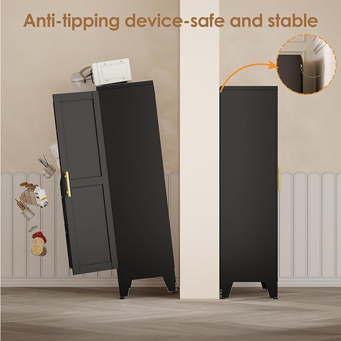 51" Kitchen Pantry Cabinet, Metal Storage Cabinet with 3 Adjustable Layer Shelves, 8 Door Shelves, Buffet Sideboard for Living Room, Kitchen, Black-Ruum Studio Home