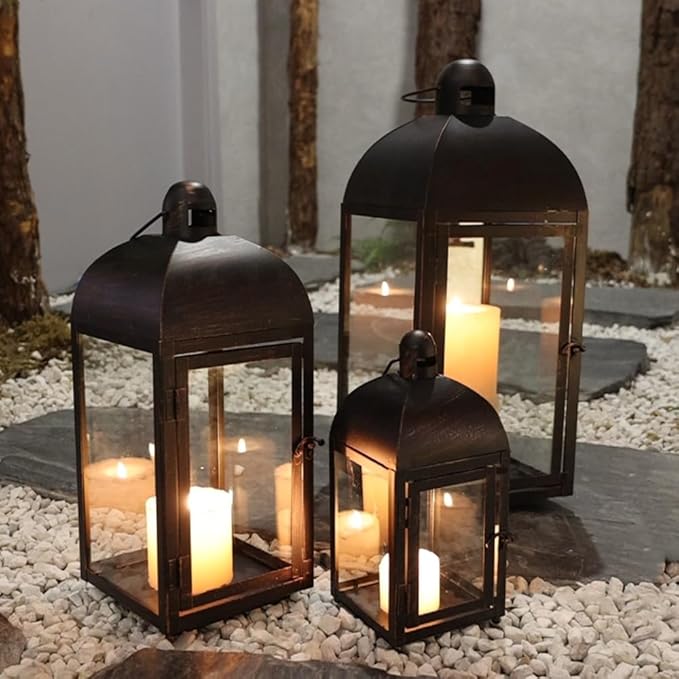 NEEDOMO Lanterns Decorative Outdoor & Indoor, Set of 3 Outdoor Lanterns for Porch, 23" Large Candle Lantern, Bronze Metal Frame with Glass, Vintage Farmhouse, Patio, Pathway, Garden, Fall, Christmas-Ruum Studio Home