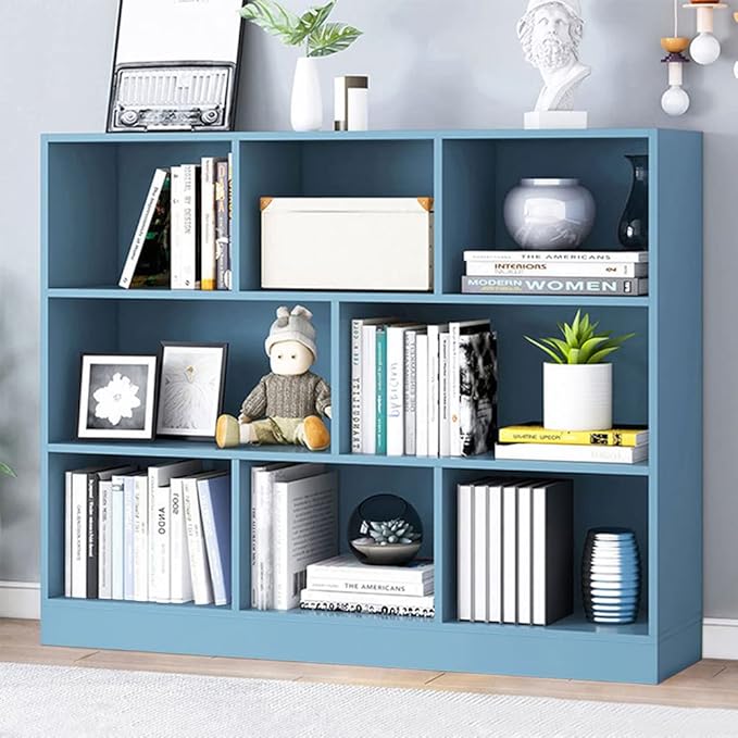 IOTXY Open Shelf Low Bookcase - Wooden 3-Tier Floor Standing Display Cabinet Organizer with Base, 8 Cubes Short Horizontal Bookshelf in Bright Blue-Ruum Studio Home