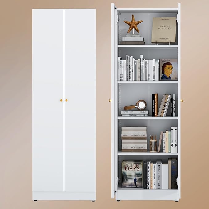 5 Tier Metal Curio Cabinets, Modern Bookshelf Cabinet with 4 Adjustable Shelves, Cabinet Display Case for Home Office, Living Room, Pantry (White-23.54W-Metal Door)-Ruum Studio Home