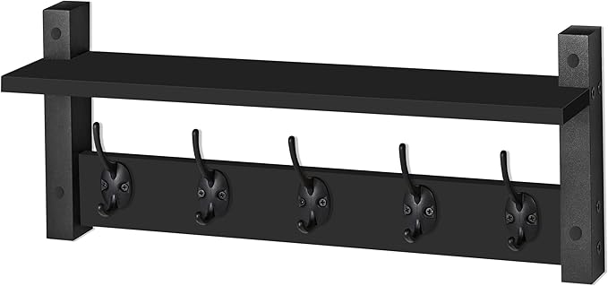 Sorbus Coat Hooks Wall Mount with Shelf – 24 Inch Coat Rack Wall Mount with 5 Heavy Duty Hooks – Floating Wall Shelf with Hooks for Entryway, Bathroom, Bedroom, Kitchen, or Mudroom (Black)-Ruum Studio Home
