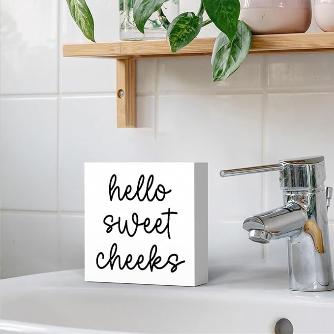 Hello Sweet Cheeks Bathroom Decor, Funny Bathroom Signs Decoration, Black and White Bathroom Decoration, Bathrooms Decor for Shelves, Wooden Box Decoration Sign for Home Farmhouse Living Room Table-Ruum Studio Home