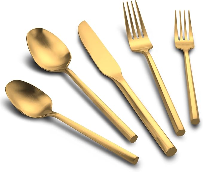 30-Piece Matte Gold Silverware Set, Hand Forged Utensil, Stainless Steel Flatware Set, Hexagon Handle Cutlery Set for Home Hotel Use, Service for 6-Ruum Studio Home