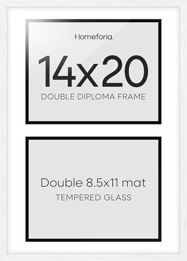 Homeforia 14x20 Double Diploma White Frame, High End Oak 14 x 20 Certificate Wood Frames with Mat for Two 8.5x11 Diplomas, 20x14 Wooden Dual Award Graduation Frames, Tempered Glass, Wall Kit, Set of 1-Ruum Studio Home