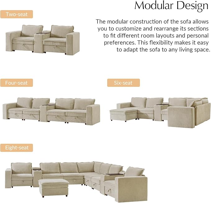 HULALA HOME 88" Loveseat Sofa with USB Port and Console, Oversized 2 Seater Sofa with Storage Ottoman, Comfy Upholstered Loveseat Couch for Living Room Bedroom, FSC Certified, Beige-Ruum Studio Home
