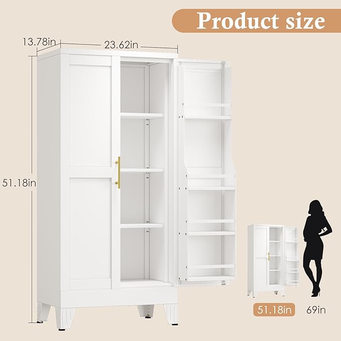 51" H Metal Kitchen Pantry Storage Cabinet, Freestanding Cupboard Storage Cabinet with Doors and Adjustable Shelves, Large Stand Up Food Cupboard for Living Room, Dinning Room, White-Ruum Studio Home