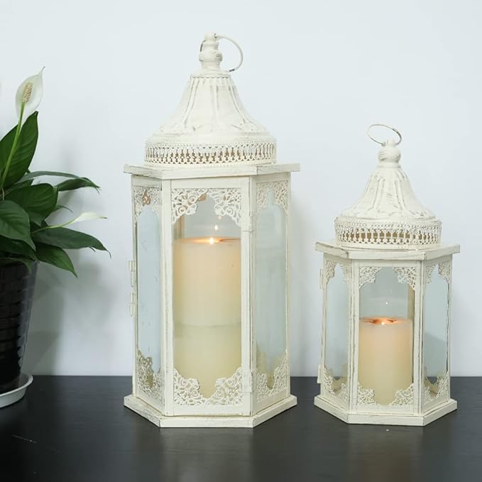 NEEDOMO Lanterns Decorative Outdoor & Indoor, Set of 2 Outdoor Lanterns for Porch,Large Candle Lantern, Beige Metal Frame with Glass for Fall, Christmas-Ruum Studio Home