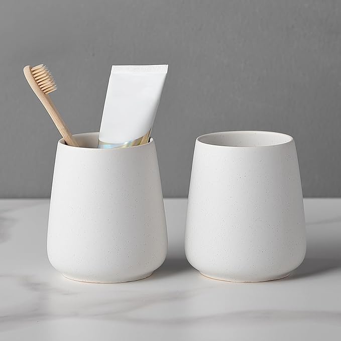 Speckled White Toothbrush Holder Set - 2Pcs Bathroom Ceramic Tooth Brushing Holders, Toothbrush Cup, Toothpaste Organizer for Countertop, Makeup Brush Holder, Pen Holder for Home Desktop Storage-Ruum Studio Home